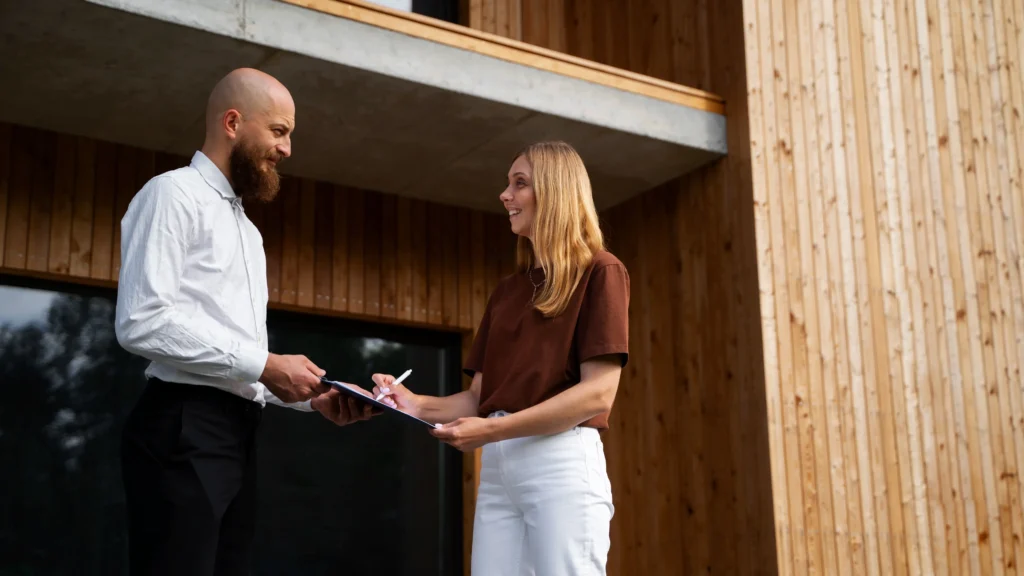 Woman working with real estate agent to purchase a home.